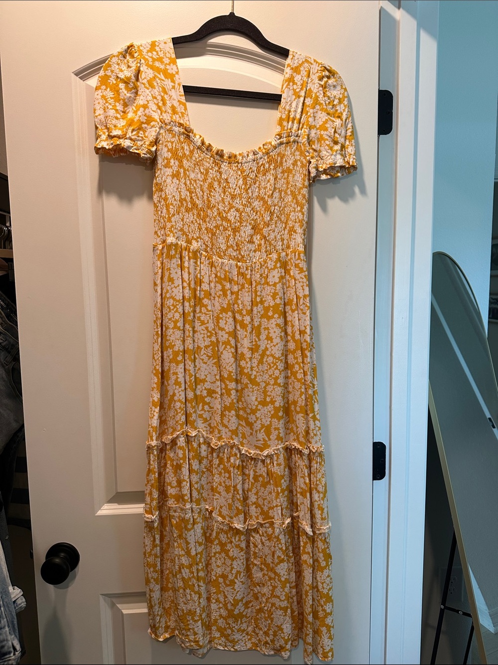 Pink Lily Medium Yellow Floral Square-Neck Midi Dress
